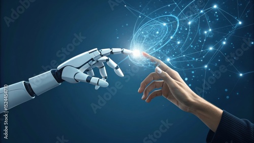 Human and robotic hands reaching out to each other, symbolizing AI-human collaboration, innovation, and the future of technology in a digital world