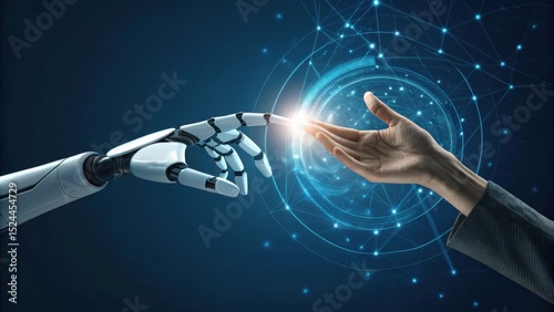 Human and robotic hands reaching out to each other, symbolizing AI-human collaboration, innovation, and the future of technology in a digital world