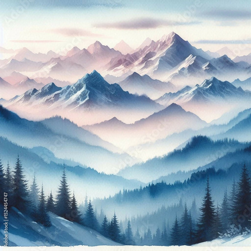Winter landscape with mountains. Watercolor rocky mountains background. Mountain landscape in winter.	
