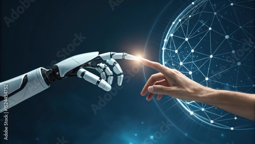 Human and robotic hands reaching out to each other, symbolizing AI-human collaboration, innovation, and the future of technology in a digital world