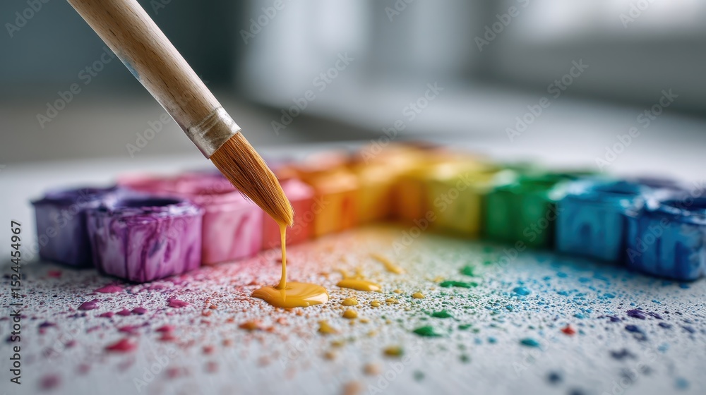 Fototapeta premium A captivating formation of colorful paint containers arranged in a circular rainbow pattern, symbolizing creativity and artistic imagination.