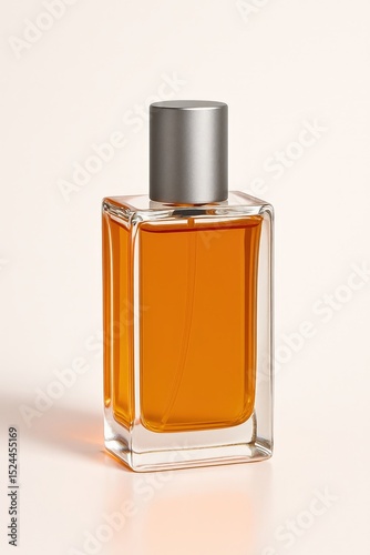 Amber perfume bottle with silver cap on neutral background