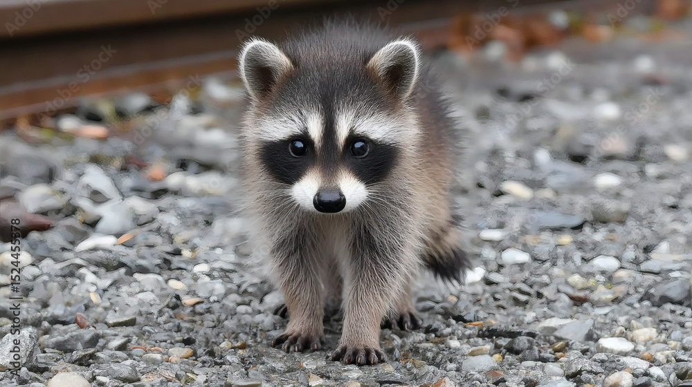 Fototapeta premium Adorable Baby Raccoon by Train Tracks.