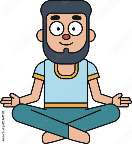 Yoga: Bearded Man Meditating in Lotus Position. Vector Cartoon Character Drawing