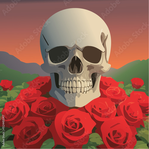 Stylized Skull with Red Roses Illustration