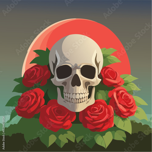 Stylized Skull with Red Roses Illustration