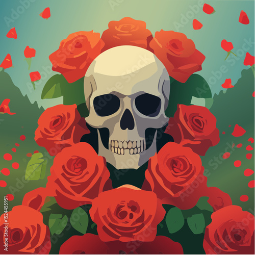 Stylized Skull with Red Roses Illustration