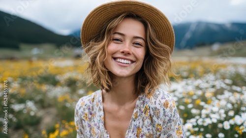 A cheerful woman with wavy hair and a wide smile stands in a vibrant flower field, showcasing the beauty of nature and embracing life's joyful moments amidst the blooms.
