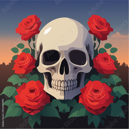 Stylized Skull with Red Roses Illustration