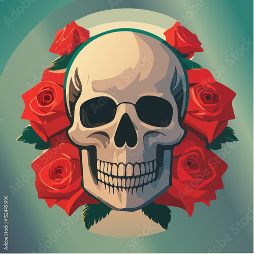 Stylized Skull with Red Roses Illustration