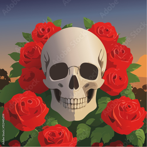 Stylized Skull with Red Roses Illustration