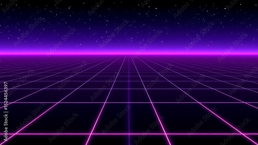 custom made wallpaper toronto digitalRetro Futuristic Grid Landscape 80s Synthwave Nightscape with Purple Horizon and Starry Sky