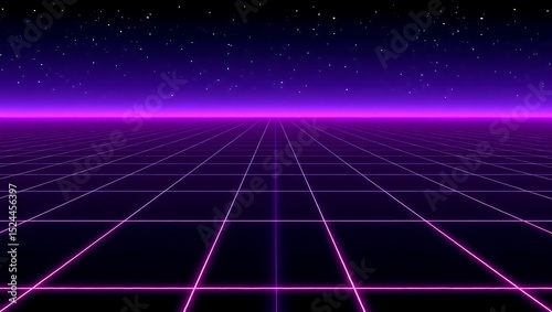 Wallpaper Mural Retro Futuristic Grid Landscape 80s Synthwave Nightscape with Purple Horizon and Starry Sky Torontodigital.ca