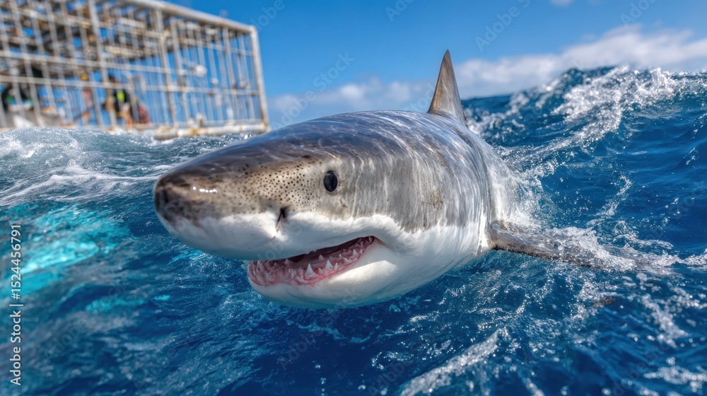 Fototapeta premium An intimate close-up shot of a great white shark, showcasing its distinct features and portraying the elegance and beauty of this formidable ocean creature.