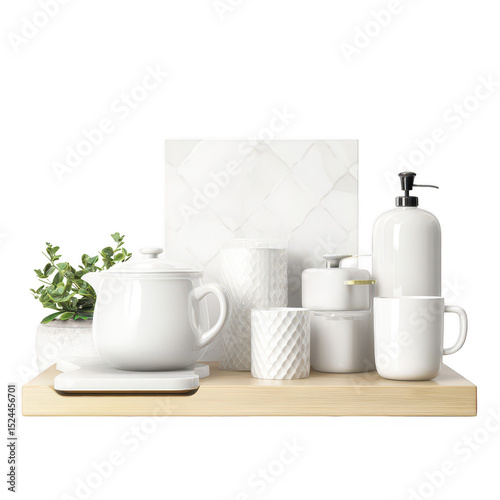 Modern Home Decor Arrangement with White Ceramic Teapot, Planter, and Minimalist Accessories Set on Wooden Surface