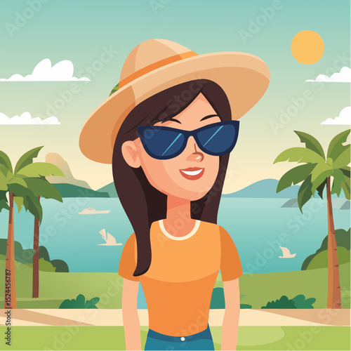 Brunette Woman with Sunglasses and a Hat