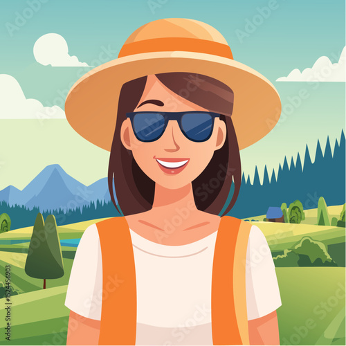Brunette Woman with Sunglasses and a Hat