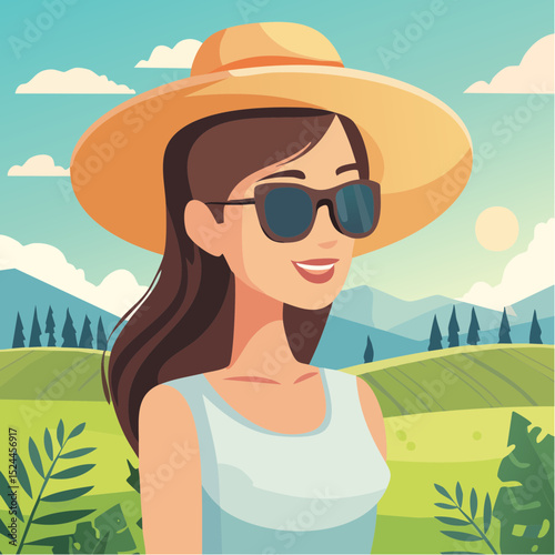 Brunette Woman with Sunglasses and a Hat