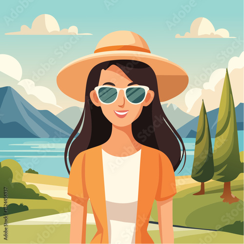 Brunette Woman with Sunglasses and a Hat