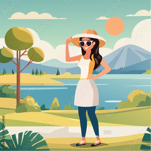 Brunette Woman with Sunglasses and a Hat