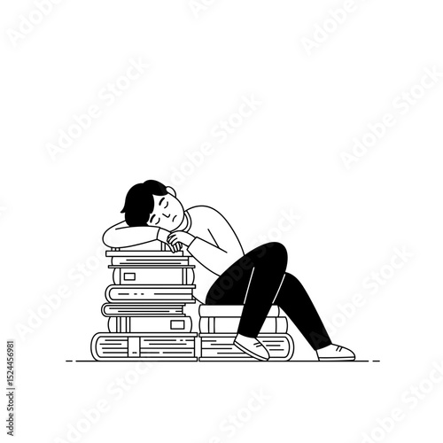 student resting his head on stack of books while feeling exhausted from studying
