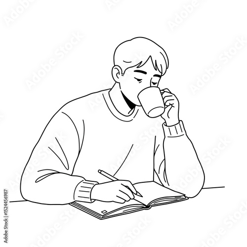 student sipping coffee while studying and taking notes in notebook