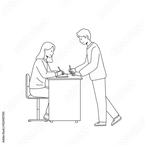Students exchanging notes and collaborating at a desk during study session