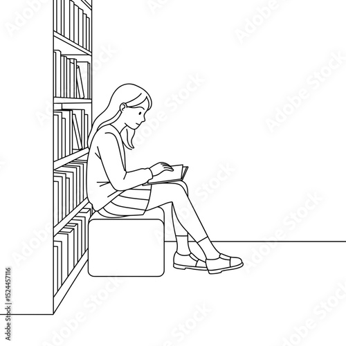 Thoughtful student girl reading a book on a stool in the library