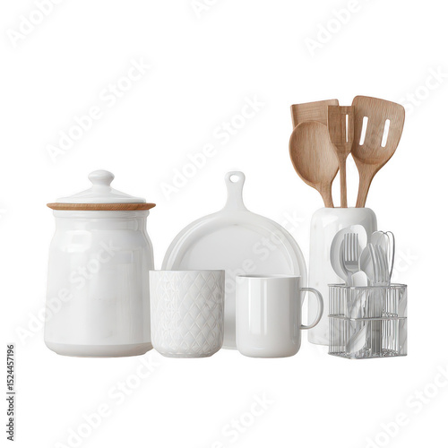 Stylish and Modern Kitchen Utensils and Tableware Set with Wooden Storage Containers and Elegant White Dishes for Home Cooking and Baking Activities