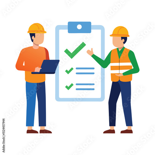 Construction workers reviewing checklist on clipboard