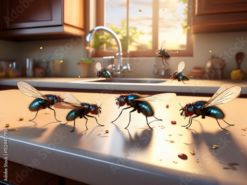 Close-up of several large flies gathering around crumbs on a kitchen counter, with a blurred sink, faucet, and sunlit window in the background