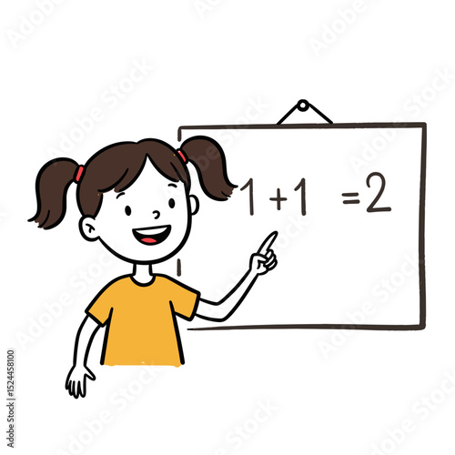 Excited schoolgirl presenting math problem on a board with a smile