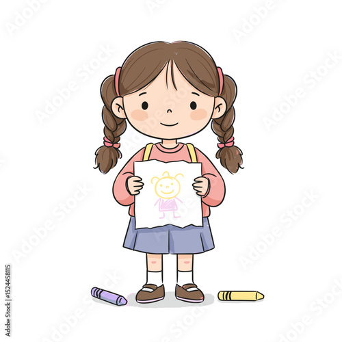 Proud schoolgirl holding up her drawing of a monster with a big smile