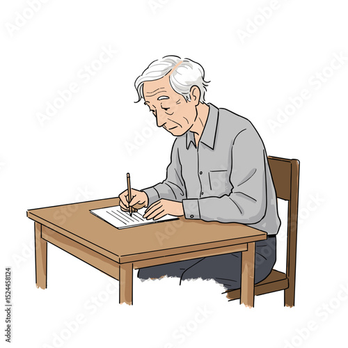 Thoughtful elderly man writing notes with concentration at a wooden table