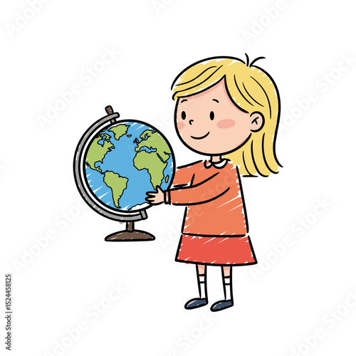 Curious schoolgirl exploring the globe with excitement in the classroom