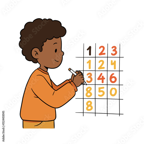 Engaged young boy counting numbers on chalkboard with a pencil