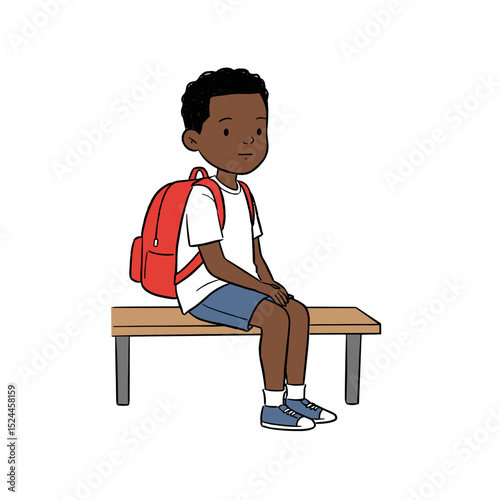 Thoughtful schoolboy sitting on a bench with a backpack, lost in thought
