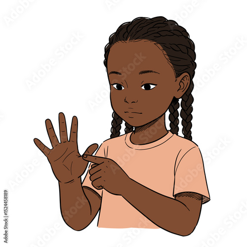 Young schoolgirl counting on her fingers with curiosity and concentration