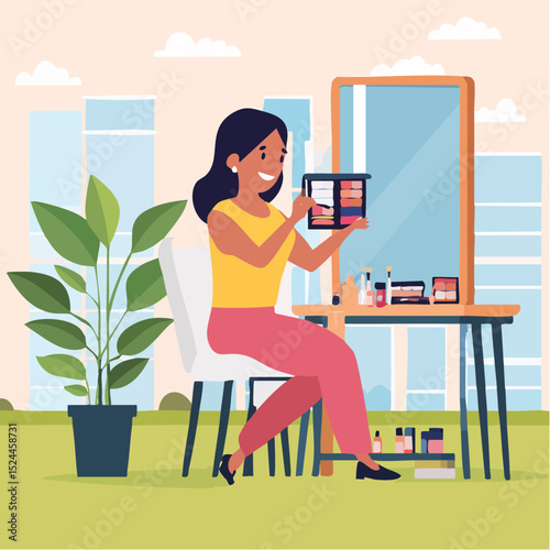 Woman doing her make up holding an eyeshadow palette with a mirror