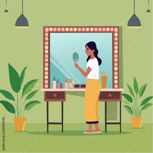 Woman doing her make up holding an eyeshadow palette with a mirror