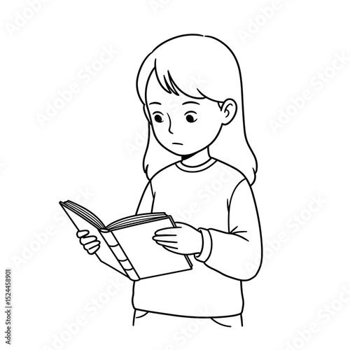 schoolgirl reading book with focus and interest