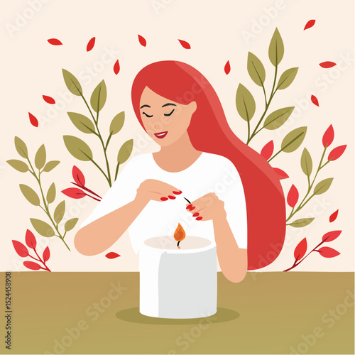 Woman Lighting a Candle with Red Nails