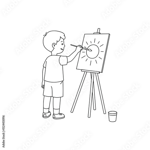 Preschool boy painting on easel with creativity and joy in art class
