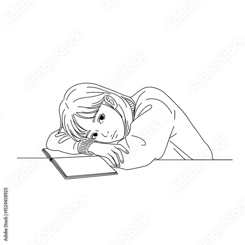 Unmotivated student girl resting her head on desk while gazing at open book
