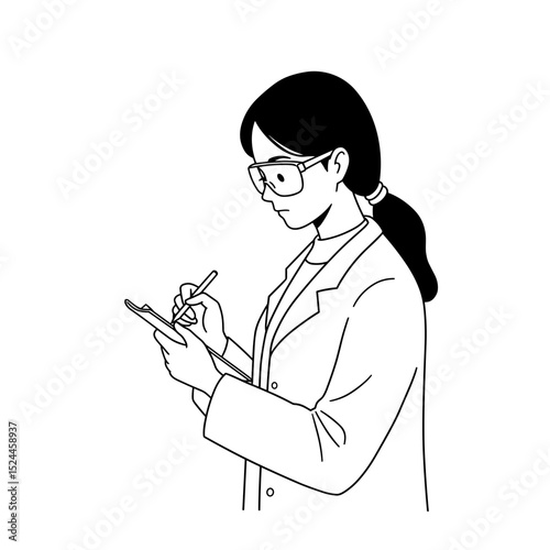 Student girl conducting laboratory work while taking notes with determination