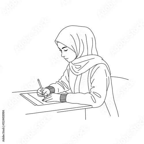 Muslim girl studying with determination while writing notes at the desk