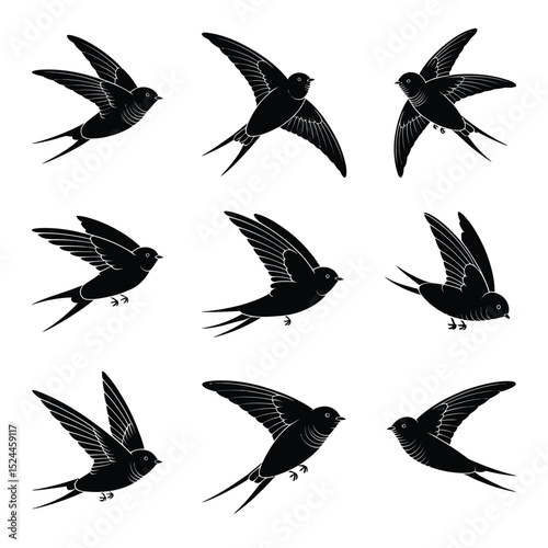 black silhouette of a Common swift set with thick outline side view isolated in white background
