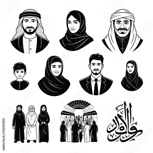 black silhouette of a arabic people set with thick outline side view isolated in white background