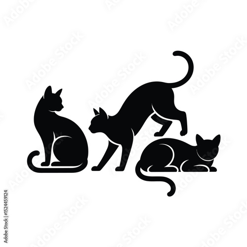 black silhouette of a cat set with thick outline side view isolated in white background
