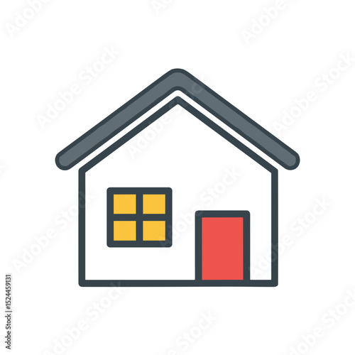 Simple house icon with yellow windows and red door design  
